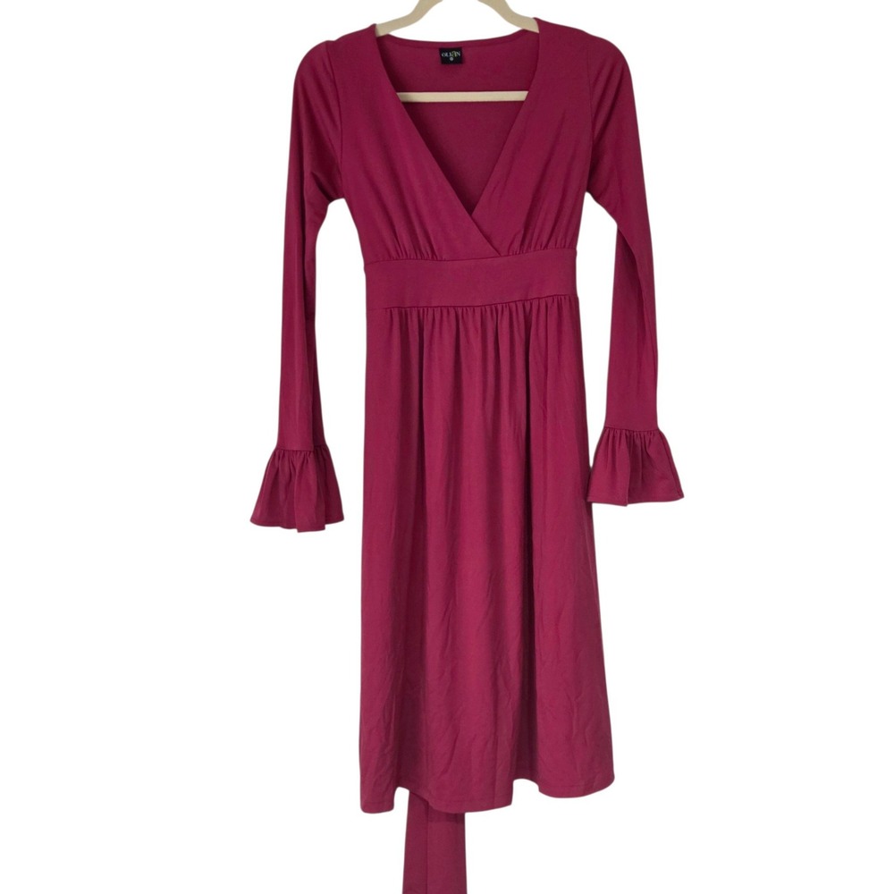 Olian Dress Women XS Magenta Pink NWOT Ruffle Cuff V-Neck Empire Waist Midi